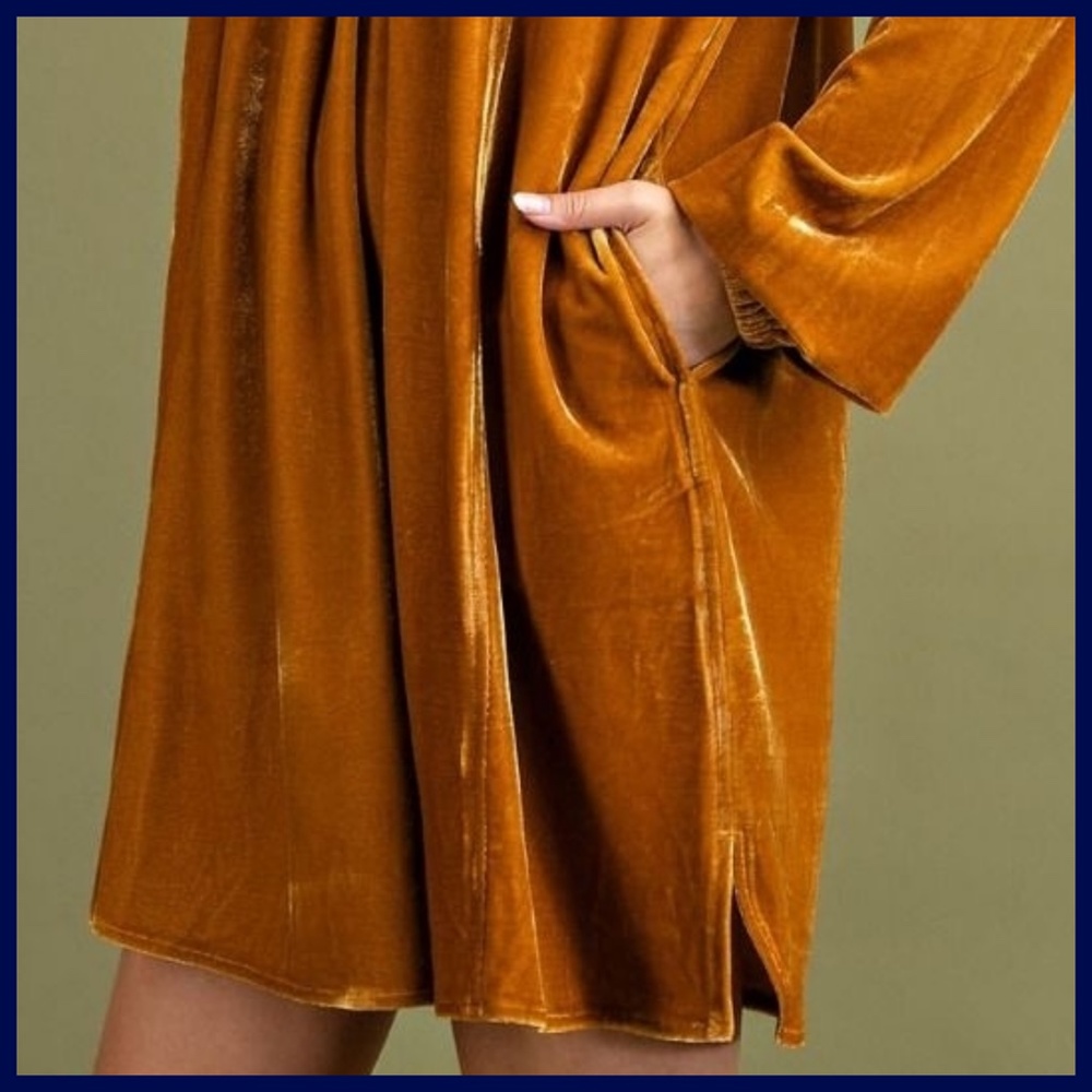 EASEL Long Sleeve Luxury Soft Velvet V-Neck Dress With Balloon Sleeve & Pockets - Picture 11 of 16